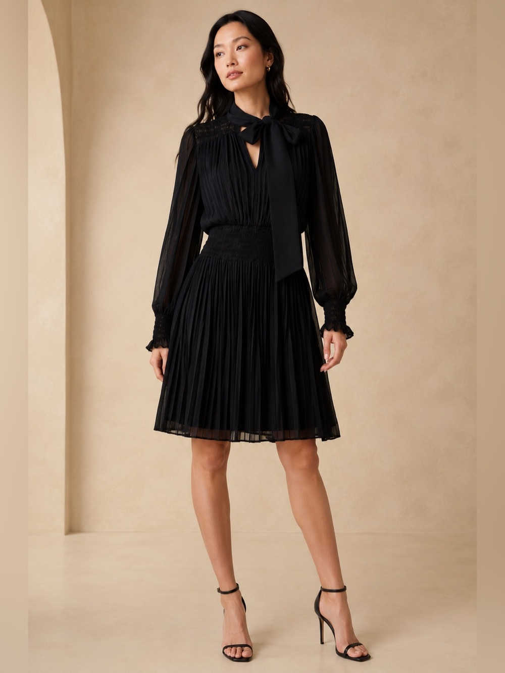 Banana Republic  Pleated Black Tie-Neck Mini Dress Minimalist Cocktail M Tall